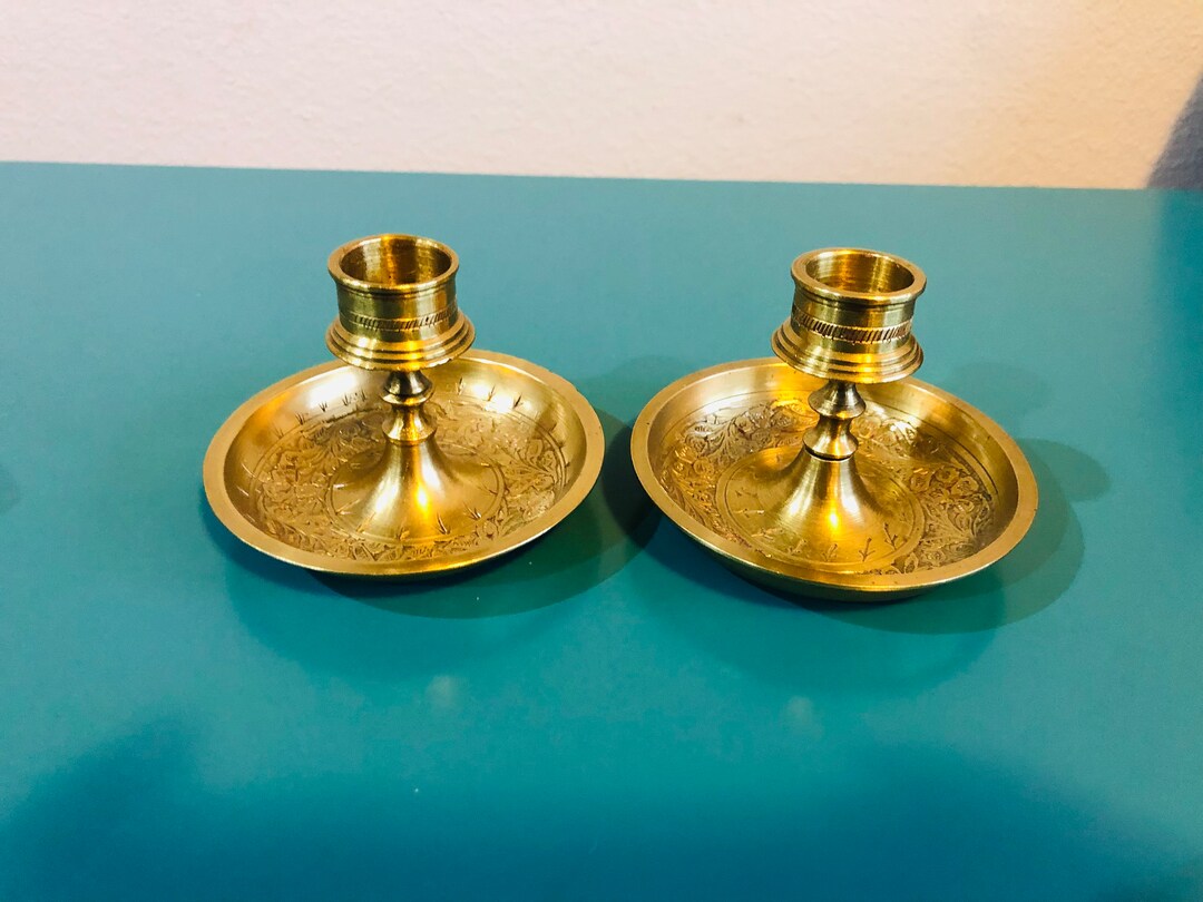 Vintage Etched Brass Candlestick Holders Etsy