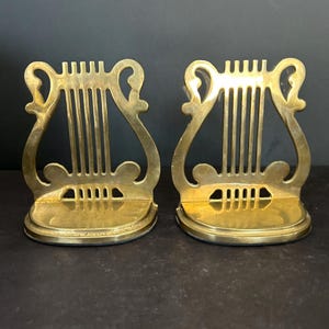 Vintage Solid Brass Harp Bookends Musical Icons Shelf Decor Library 5 1/4” H x 4 1/4” W