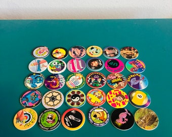 Vintage 90-tals Pogs Lot | Originala mjölkkapslar, blandade mönster (50 st)