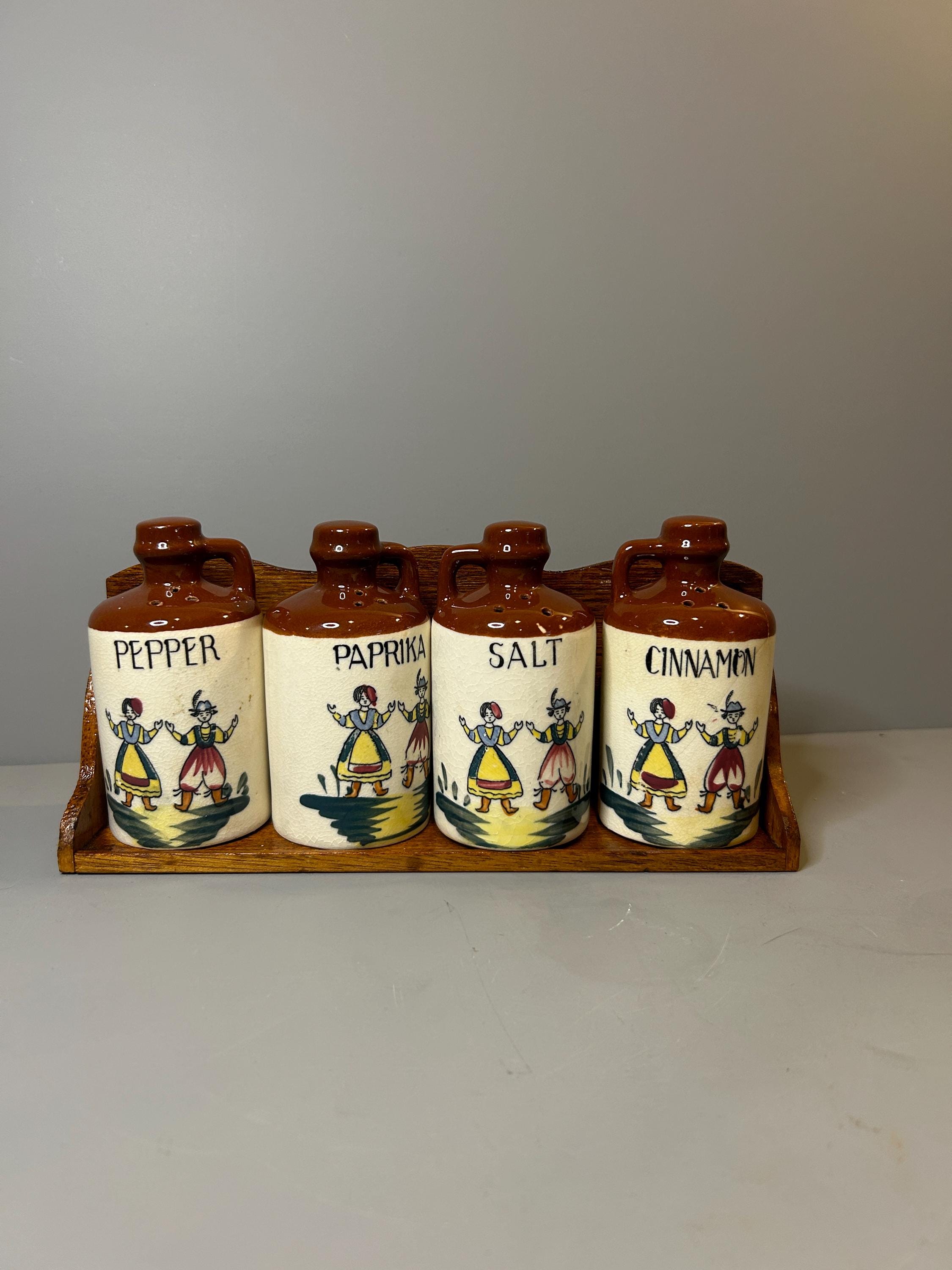 Vintage Unase Hand-painted Ceramic Spice Jar Set With Wooden Stand