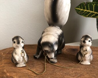 Vintage Ceramic Skunk with Two Young Skunks on Chain from Japan