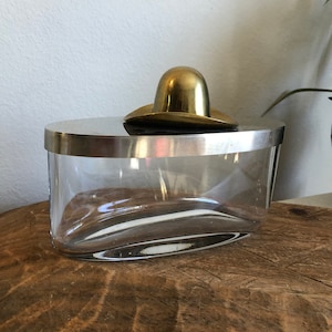 Vintage Heavy Glass Vanity Jar – Oval Apothecary Container with Metal Lid and Brass Finial – Mid-Century Storage – Hollywood Regency Decor