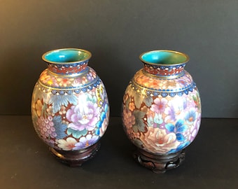 Two Vintage Cloisonne Matching Vases