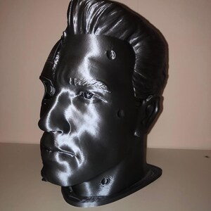 May include: A 3D printed bust of a man's head, with a metallic gray finish. The bust is missing parts of the face, revealing the internal structure of the print.