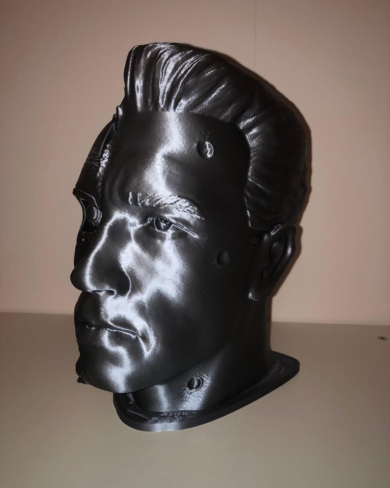 May include: A 3D printed bust of a man's head, with a metallic gray finish. The bust is missing parts of the face, revealing the internal structure of the print.