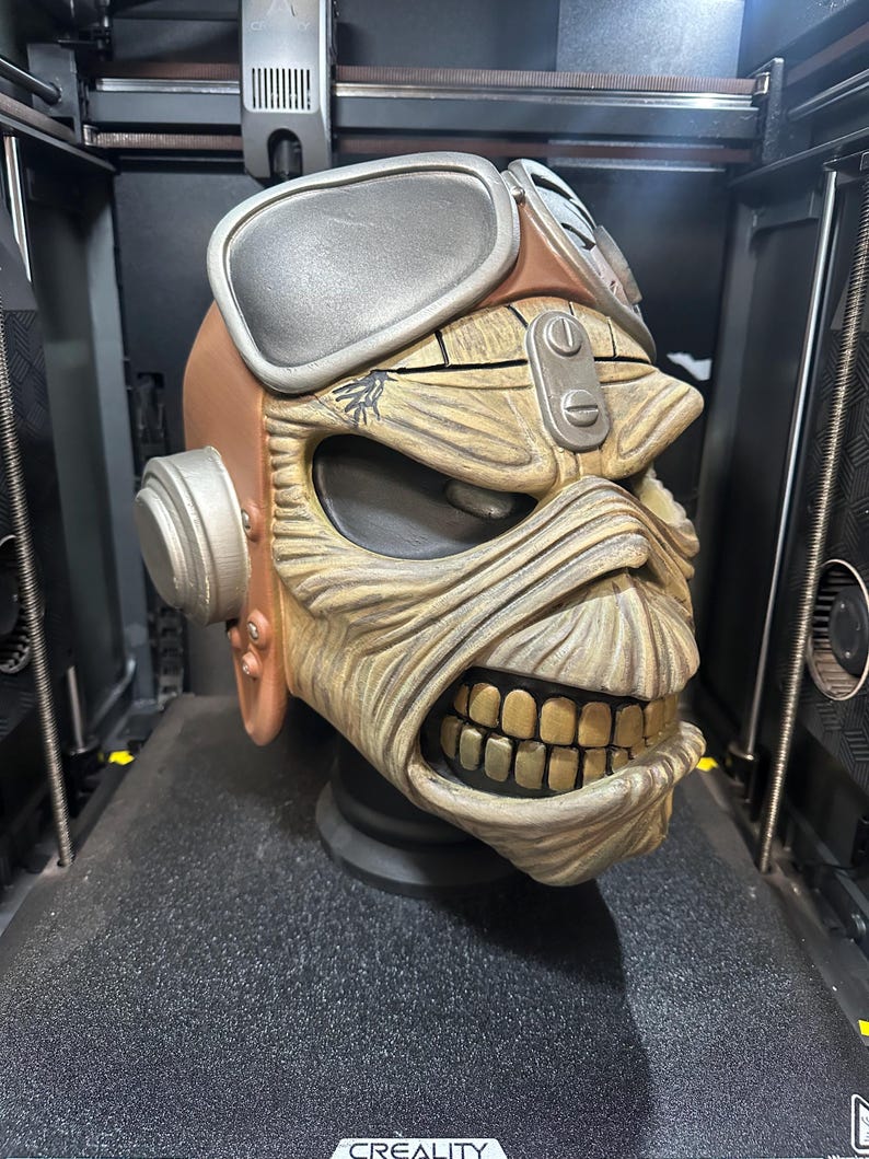 May include: A detailed, 3D-printed sculpture of a skull with aviator goggles and a brown helmet. The skull has a weathered appearance with visible teeth and is set against a dark background. The sculpture is likely a collectible or decorative item.