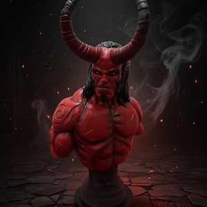 May include: A red bust of a demonic figure with large curved horns, black hair, and a muscular physique. The figure has a stern expression and is mounted on a black base. The background is dark with sparks and smoke.