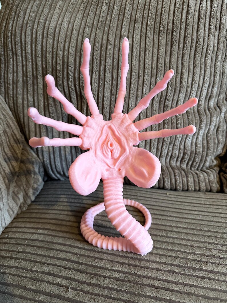 Op de afbeelding: Een roze plastic figuur van een buitenaards wezen met een lange, gesegmenteerde staart en meerdere armen. Het wezen heeft een groot, rond hoofd met een mond en twee ogen.
