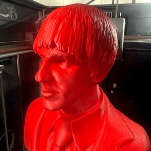May include: A solid red bust of a man with a distinctive hairstyle and suit. The sculpture is a side profile, showcasing the man's features. The bust is likely a decorative item or a piece of art.