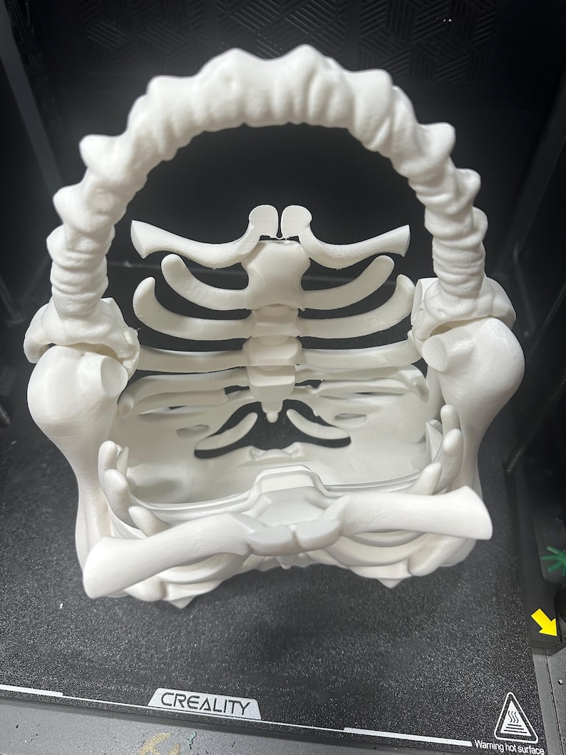 May include: A 3D-printed, off-white skeleton-shaped basket. The basket features a rib cage design forming the body, with a curved handle made of vertebrae. The base is a flat surface, and the overall structure is detailed.