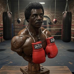 May include: A bust of a boxer with a dark complexion, wearing red boxing gloves. The bust is set on a wooden base, with a boxing ring and punching bags in the background. The gloves have the text "Lashtiva" on them.