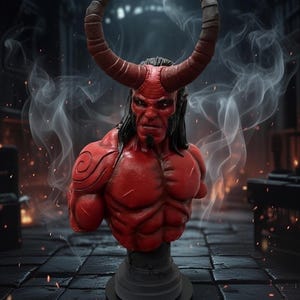 May include: A red bust of a demonic figure with large curved horns, long black hair, and a stern expression. The figure has muscular shoulders and a detailed design on the left arm. The bust is mounted on a black pedestal.
