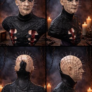 May include: A detailed bust of a character with a pale complexion, a grid-like pattern on the head, and numerous nails inserted. The figure wears a black leather-like garment with red accents. The bust is a horror-themed collectible.