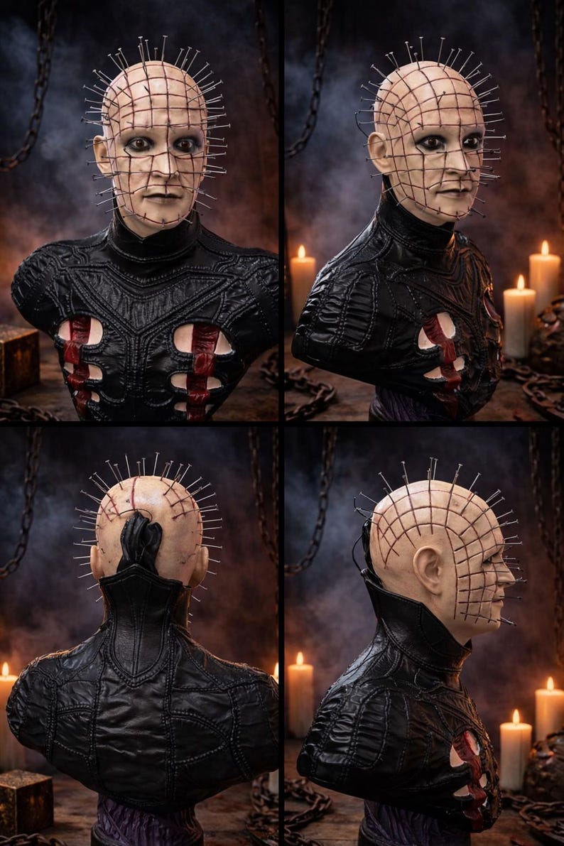 May include: A detailed bust of a character with a pale complexion, a grid-like pattern on the head, and numerous nails inserted. The figure wears a black leather-like garment with red accents. The bust is a horror-themed collectible.