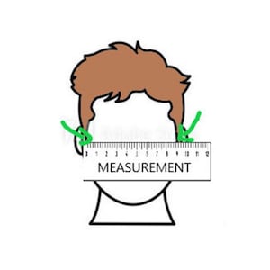 K&ouml;nnte beinhalten: Eine Strichzeichnung eines Personenkopfes mit braunen Haaren. Gr&uuml;ne Pfeile zeigen auf die Seiten des Kopfes und zeigen an, wo gemessen werden soll. Ein Lineal mit dem Wort "MEASUREMENT" befindet sich unter dem Kopf.