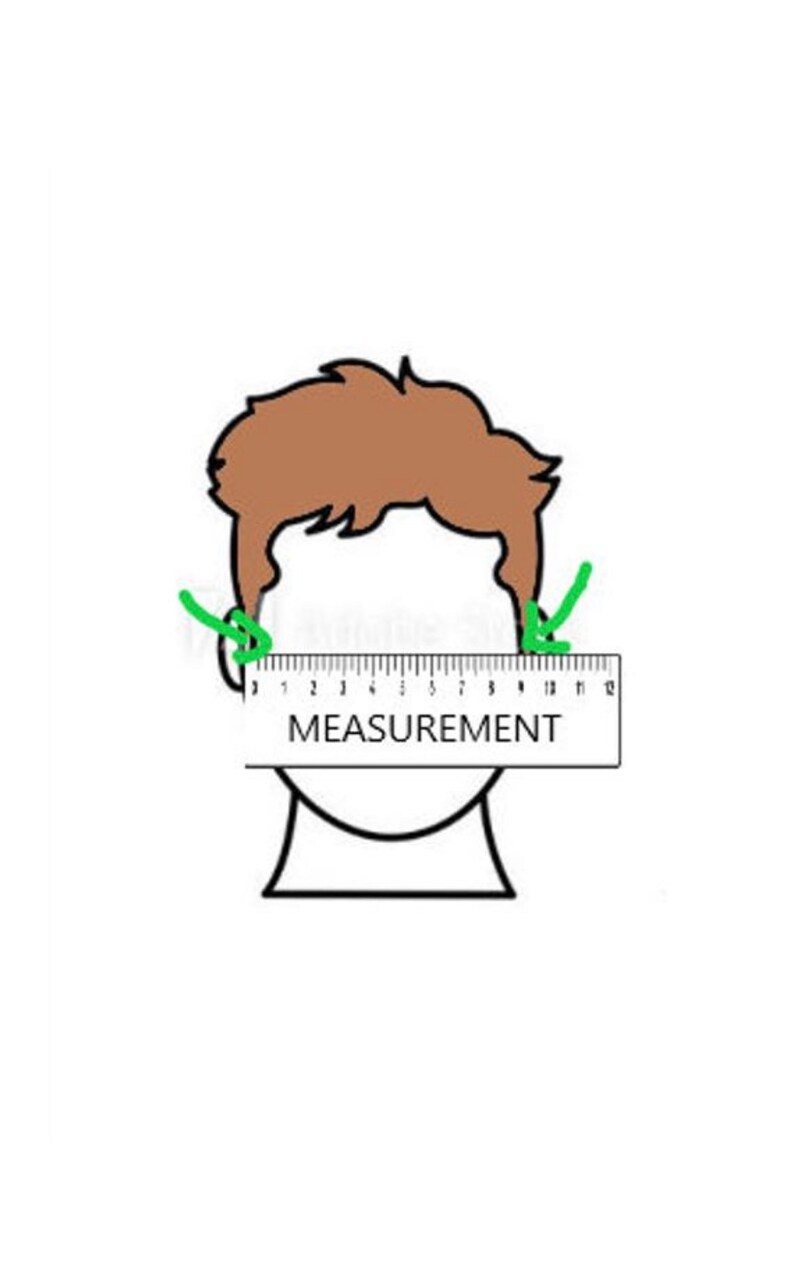 K&ouml;nnte beinhalten: Eine Strichzeichnung eines Personenkopfes mit braunen Haaren. Gr&uuml;ne Pfeile zeigen auf die Seiten des Kopfes und zeigen an, wo gemessen werden soll. Ein Lineal mit dem Wort "MEASUREMENT" befindet sich unter dem Kopf.