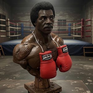 May include: A bust of a muscular man with a dark complexion, mustache, and afro hairstyle. The bust wears a white rope necklace and holds two red boxing gloves. The bust is on a wooden stand, with a boxing ring in the background.