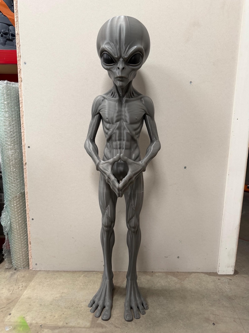 Pode incluir: Uma figura alien&iacute;gena humanoide alta e cinzenta com uma cabe&ccedil;a grande, lisa e oval, olhos escuros em forma de am&ecirc;ndoa e uma constitui&ccedil;&atilde;o esguia e musculada. A figura est&aacute; de p&eacute; com as m&atilde;os juntas &agrave; frente do torso, com dedos das m&atilde;os e p&eacute;s longos e finos.