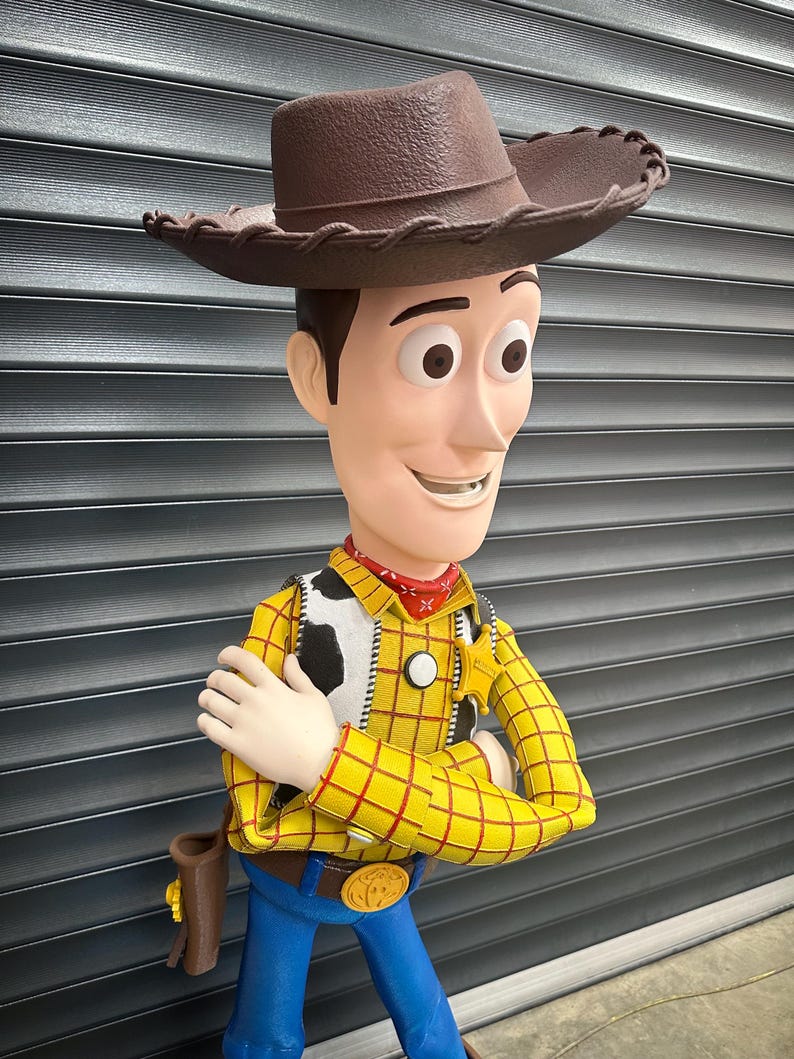 May include: A Woody action figure, wearing a brown cowboy hat, yellow plaid shirt, blue jeans, and a red neckerchief. The figure has a holster and a belt buckle with a gold emblem. The character's arms are crossed.