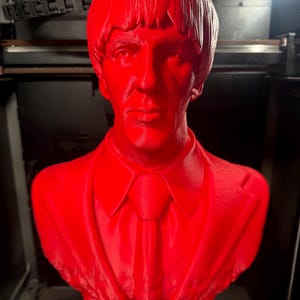 May include: A vibrant red bust of a man with a suit and tie. The sculpture features detailed facial features and hair, and is likely a 3D-printed item. The bust is displayed on a gray base.