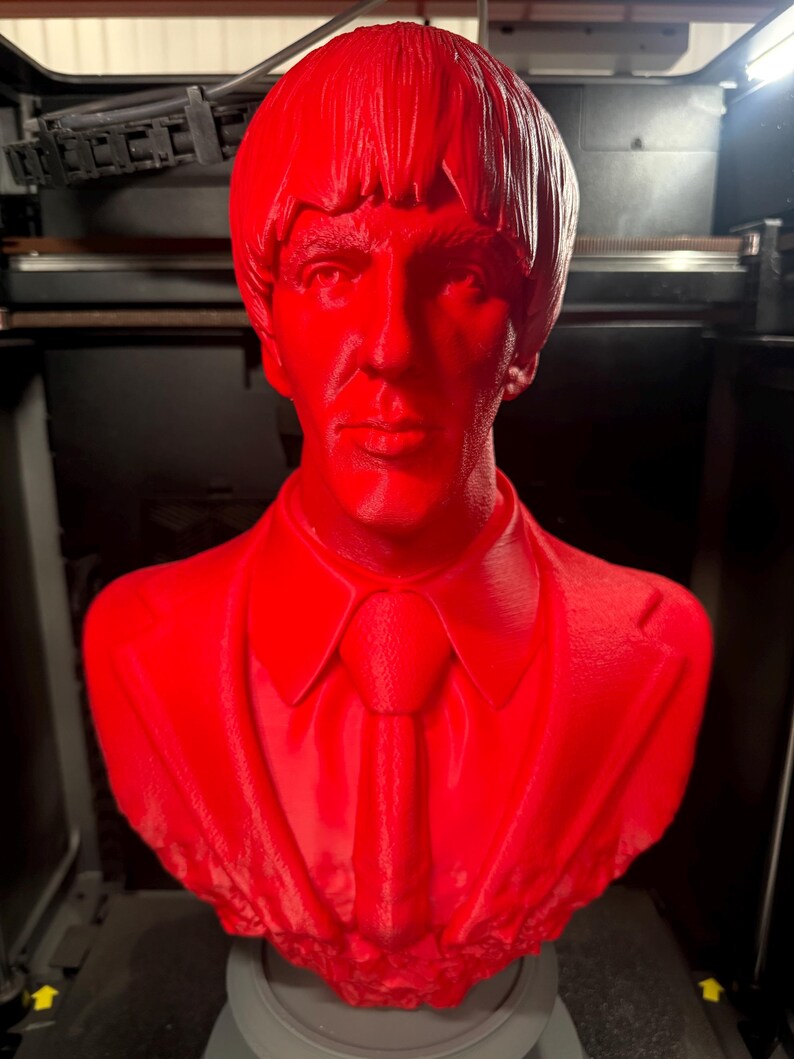 May include: A vibrant red bust of a man with a suit and tie. The sculpture features detailed facial features and hair, and is likely a 3D-printed item. The bust is displayed on a gray base.