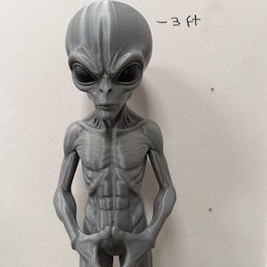 Pode incluir: Uma figura alien&iacute;gena cinza impressa em 3D com uma cabe&ccedil;a grande, lisa e alongada, olhos ovais escuros e um torso esguio e musculoso. A figura tem as m&atilde;os posicionadas juntas na frente da cintura. O texto - 3 ft est&aacute; escrito na parede.