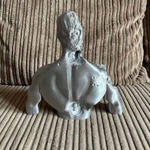 May include: A silver-colored 3D printed bust of a person with a damaged head and back. The bust is sitting on a brown textured surface.
