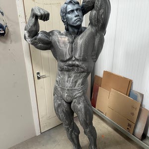 May include: A gray statue of a bodybuilder flexing his muscles. The statue is a detailed representation of a muscular man, with defined abs and arms. The statue is standing in a room with a white door and cardboard boxes in the background.