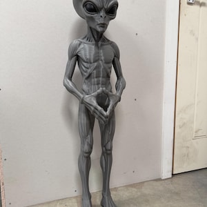 Pode incluir: Uma figura alien&iacute;gena humanoide alta e cinzenta com uma cabe&ccedil;a grande, lisa e oval, olhos escuros proeminentes e uma constitui&ccedil;&atilde;o esguia e musculosa. A figura est&aacute; de p&eacute; com as m&atilde;os juntas &agrave; frente do tronco, apresentando texturas em camadas.