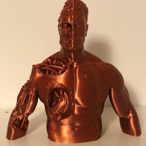 May include: A 3D printed bust of a cyborg, with one side of the face showing the exposed mechanical parts. The bust is made of a copper-colored plastic and is a detailed representation of a popular science fiction character.