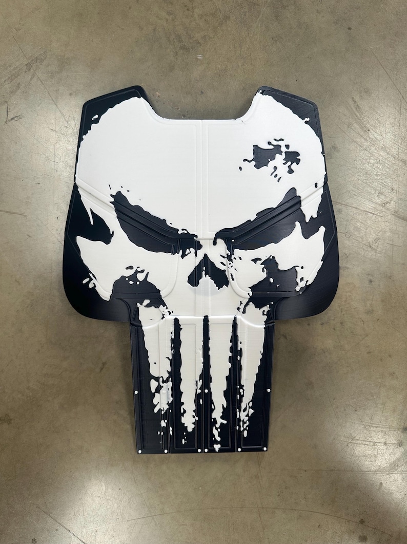May include: A black and white graphic of a skull, resembling the Punisher logo. The design is on a shield-shaped object, with the skull's features prominently displayed. The background is a neutral gray.