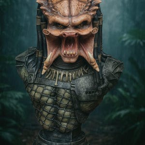 Puede incluir: Busto detallado de un alien&iacute;gena Predator, con una cabeza texturizada de color marr&oacute;n claro, mand&iacute;bulas prominentes y dientes afilados. La figura tiene un pecho y hombros blindados detallados, con una apariencia oscura y desgastada. El fondo es una escena borrosa del bosque.
