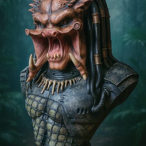 Puede incluir: Busto detallado de un alien&iacute;gena Predator, con una cabeza marr&oacute;n texturizada con rastas y una boca amenazante abierta que revela dientes afilados. El busto incluye un cofre blindado detallado y un collar tribal, sobre un fondo verde borroso.