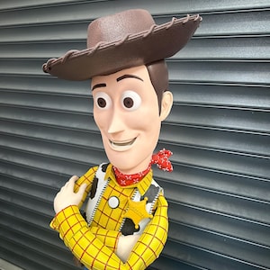 May include: A figurine of the character Woody from Toy Story. Woody is wearing a brown cowboy hat, a yellow plaid shirt, a vest, a red bandana, and blue trousers. He has a sheriff's badge and is smiling.
