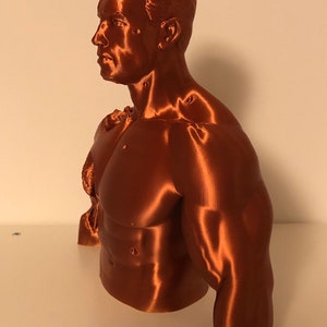 May include: A 3D printed bust of a muscular figure with a detailed face and torso. The bust is made of a copper-colored filament.