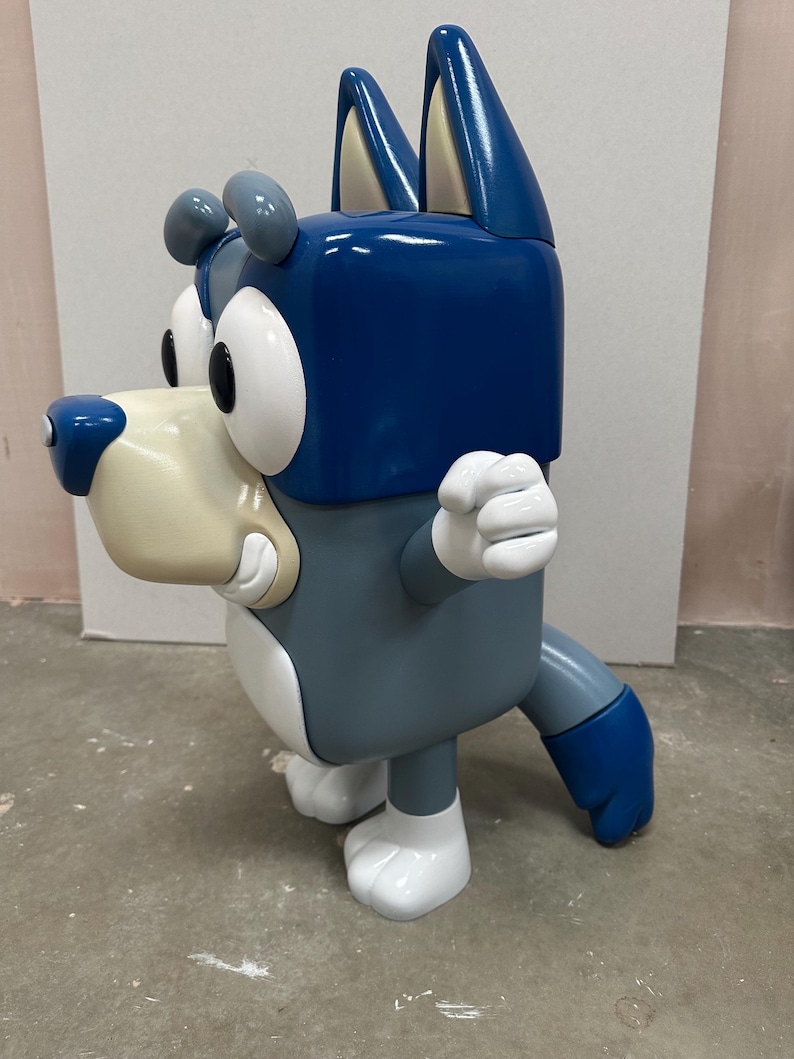 May include: A blue and gray cartoon wolf figurine with white eyes and a white mouth. The figurine is standing on a gray surface.