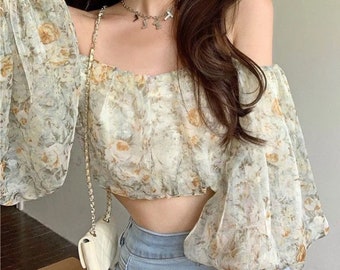 Floral Blouse Tops Women French Vintage Designer Sweet Slim Strap Blouse Casual Puff Sleeve Outdoor Blouse