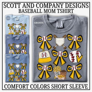 Puede incluir: Camisetas de Baseball Mom en azul claro, azul y gris, con gráficos temáticos de béisbol. Los diseños incluyen pelotas de béisbol con lazos amarillos, bates y una gorra de béisbol. El texto "SCOTT AND COMPANY DESIGNS BASEBALL MOM TSHIRT".