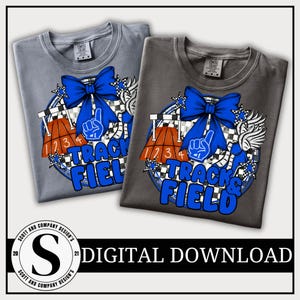 May include: Two gray t-shirts with a blue and white graphic design. The design includes a blue bow, a hand with the number one, and the words "Track & Field". The text "DIGITAL DOWNLOAD" is also visible.