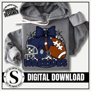 Warriors Football Png, Preppy Retro Warrior Mama, Navy Blue Coquette Bow Cheer Mom, Team Mascot School Spirit Cheerleader Digital Download