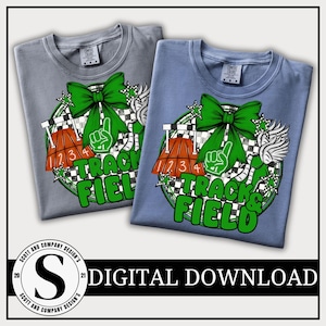 Puede incluir: Dos camisetas, una gris y otra azul, con un diseño gráfico verde y blanco. El diseño incluye un lazo verde, un tema de atletismo y las palabras "Track & Field". El texto "DIGITAL DOWNLOAD" también es visible.
