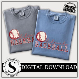 May include: Two t-shirts, one gray and one blue, each featuring a baseball graphic with the words "Red Devils Baseball" in red script. The shirts are labeled "Comfort Colors" and are a digital download.