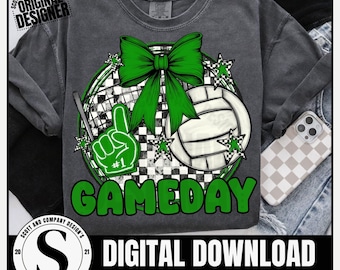 Volleyball Gameday Mom PNG, Preppy Green Bow Design (Digital Download)