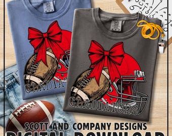 Red Gladiators Football Png | Vintage Game Day Gladiator Mom | Coquette Bow | Spirit Wear Design