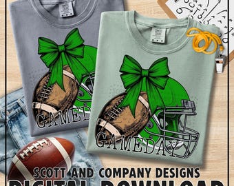 Green Football Bow Png | Vintage Game Day Mom | Coquette Cheer Bow | Spirit Wear Design