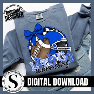 Warriors Football Png, Preppy Warrior Mama, Blue Coquette Bow Cheer Mom, Team Mascot School Spirit Cheerleader Digital Sublimation Download