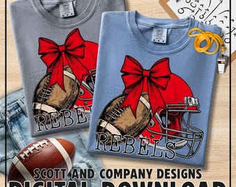 Red Rebels Football Png | Vintage Game Day Rebel Mom | Coquette Bow | Spirit Wear Design