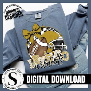 Wildcats Football Png, Preppy Wildcat Mama, Gold Coquette Bow Cheer Mom,Team Mascot School Spirit Cheerleader Digital Sublimation Download