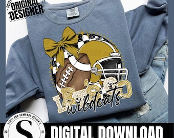May include: Blue sweatshirt with a football and helmet graphic. The design includes a gold bow, a football, and a helmet with the text "LEO Wildcats". The words "DIGITAL DOWNLOAD" are also visible.