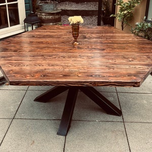 Hexagon Esstisch | Großer Handgefertigter Tisch | Esstisch aus Holz | Iroko Tisch | Küche Esstische | Massivholztisch | Eichentisch